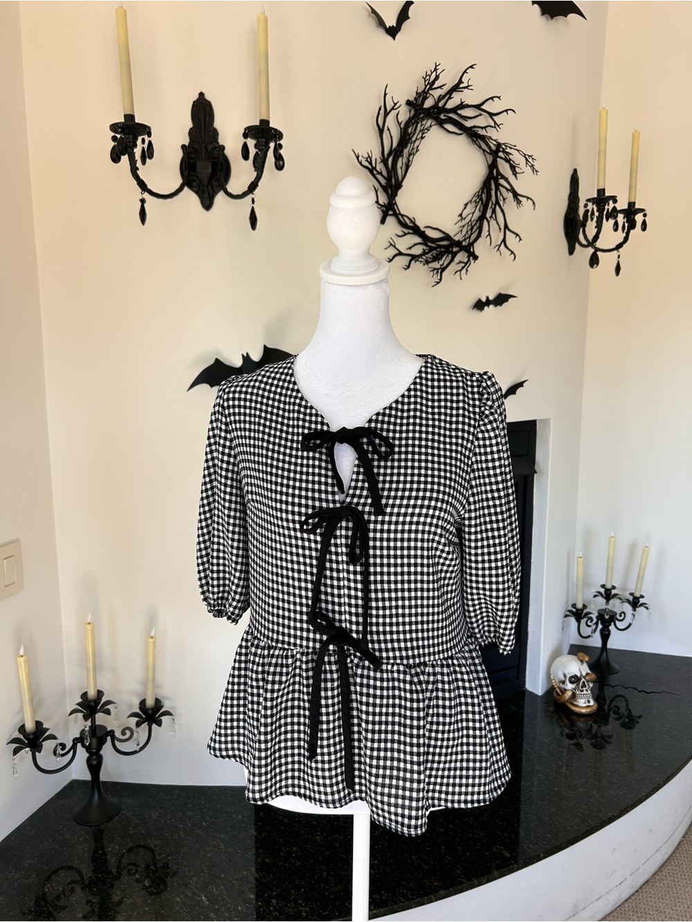 Monteau Black & White Gingham Tie-Front Peplum Blouse
